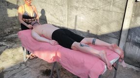 Nude massage outdoors with hot blonde