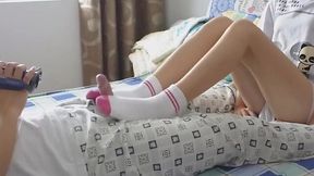 Naughty Chinese Teen's Handjob and Footjob in Socks for BF