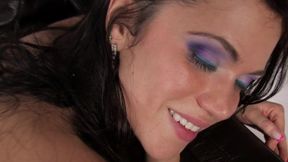 Brunette Babe Fingers Cock on Leather Sofa