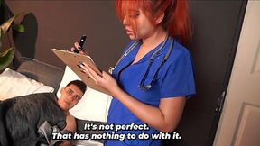 Redhead nurse came to help her patient and did a very sloppy job