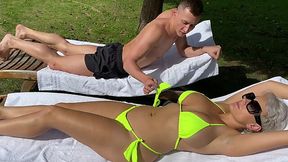 Busty hot MILF fucks with her big-cock step-son outdoor