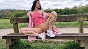 Nicky Brill no panties and see through dress in public and peeing