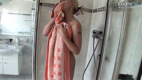 Horny German MILF gets hot while showering and immediately makes a hot cam session!