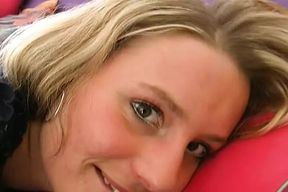 Amazing German blonde stuffing a long cucumber in her muff