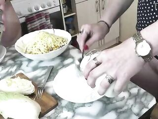 two gals lesbian adult aged MILF and hot angel virgin caress ass, vagina, kissing in kitchen. Old Young Butt Cunt