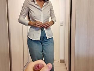 Stepmother helped her stepson quickly cum in her panties before work