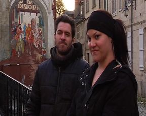 Nasty French girl gets fucked hard in a public threesome