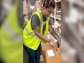Flirty warehouse worker sucks her co-workers shlong after work