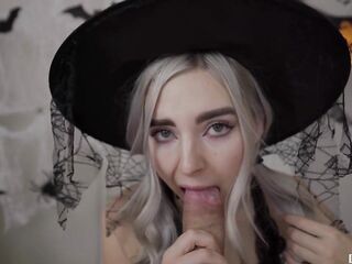 Cute lewd witch gets facial and swallows cum - Eva Elfie