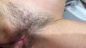 Creampie In My Hairy Pussy, My Stepfather Fills Me With Semen In The Bathroom While His Friends Are In The Living Room