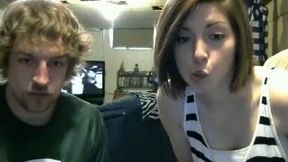 Curly haired webcam dude lets his GF show off her tits and ass