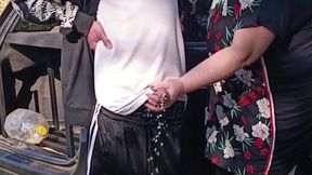 A neighbor holds my dick while I pee and then sucks it in public