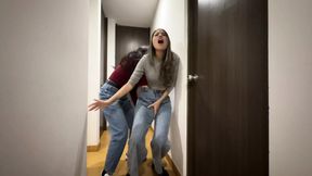 Two strangers play by touching each other under their pants and rubbing their asses