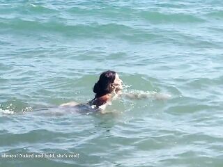 Stepmom drilled her stepson on a nudist beach, constantly looking back