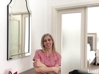 Small blondie Nesty bangs and sucks in her hotel room