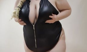 BBW with big boobs strips for you and makes herself cum with a huge dildo