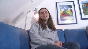 Horny brunette German slut rubs her pussy in close up