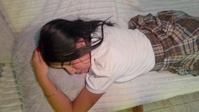 Stepdad finds his uniformed stepdaughter and stops her cock