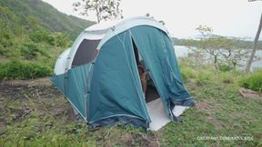 Stranger spied on cutie in tent while she masturbates. Blowjob, footjob, handjob.