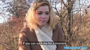 ”Lost Blonde Sucks Stranger's Prick for Cash”