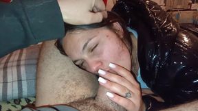 I come home from work and I suck my boyfriend's dick and he fucks me in my mouth and he lets you go in my mouth and I swallow it all