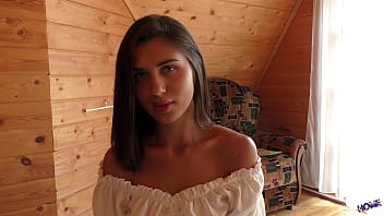 Brunette beauty gives a blowjob and takes a big cock