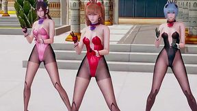 3 Sexy Slim Busty Evangelion Female Characters Dance the Hottest Outdoor Strip-tease - 3D Animation