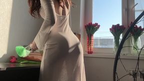 cleaning girl in perfect dress without lingerie