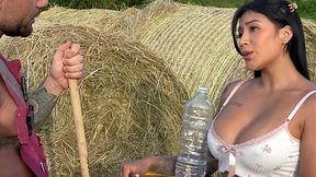 Cheating busty Latina fucks with a tattooed farmer outdoor