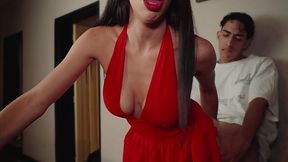 Risky quickie with my busty stepsister in sexy red dress during family reunion