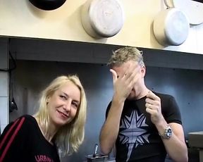 Mature French blonde fucked by two dudes in the restaurant's kitchen