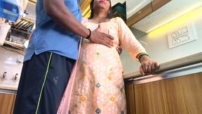 Desi stepmother hindi real sex with stepson in kitchen and she got huge Cumload in black pussy.