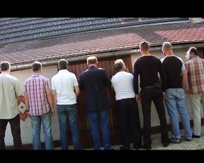 Nasty French blonde gets DPed and facialized in outdoor gangbang