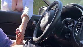 Sexy Busty MILF Helps a Stranger Cum, Milking His Dick Through the Car Window