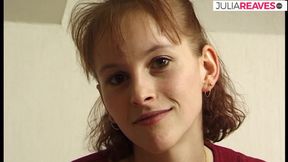 Skinny blonde fucks her pussy with a huge dildo