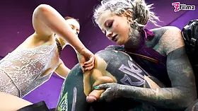 Inked submissive fellow double-pegged into submission by 2 relentless dommes