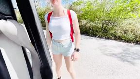 She pays the car ride with blowjobs, hitchhiker sex, car blowjob, sex by the beach, teenage blowjob by the beach