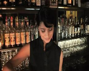 Dark haired babe sucking and riding an old cock at the bar