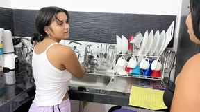 My stepmom fucks my small pussy in the kitchen while she washes the slab