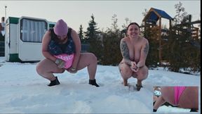 Swingers. Two Married Couples Play in the Snow Naked. the Women Pee in the Snow and the Men Lick It off.